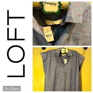 NWT LOFT Adorable Embroidered Denim-look Shirt Dress, Cap sleeves, with lining
